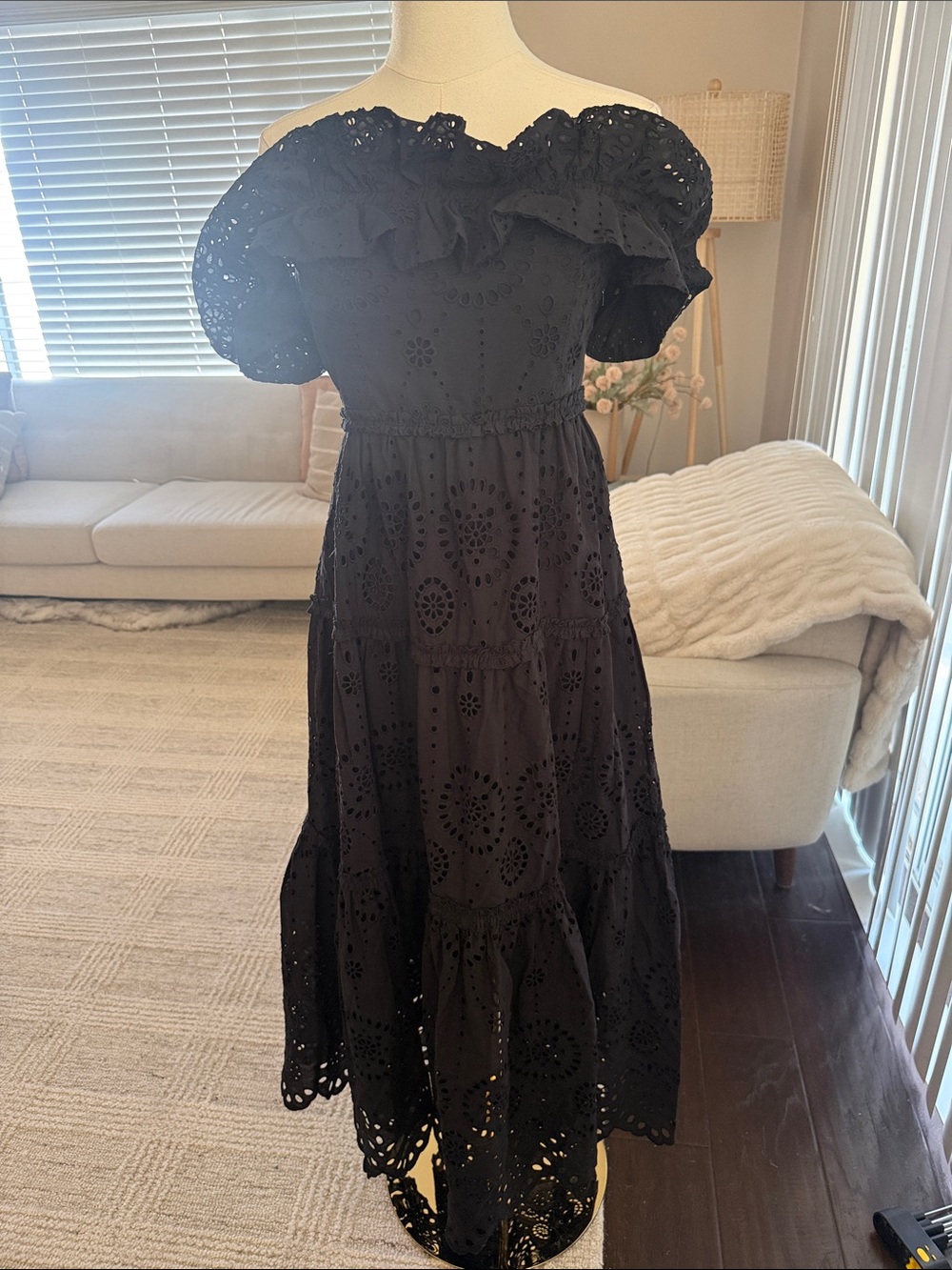 Black Eyelet Off-Shoulder Midi Dress